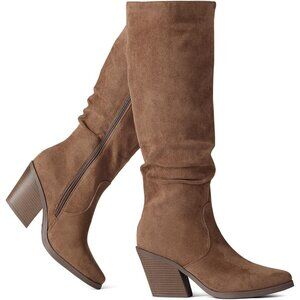 Women's Brown Faux Suede Chunky Heel Boots Side Zipper Slouchy Knee High Boots